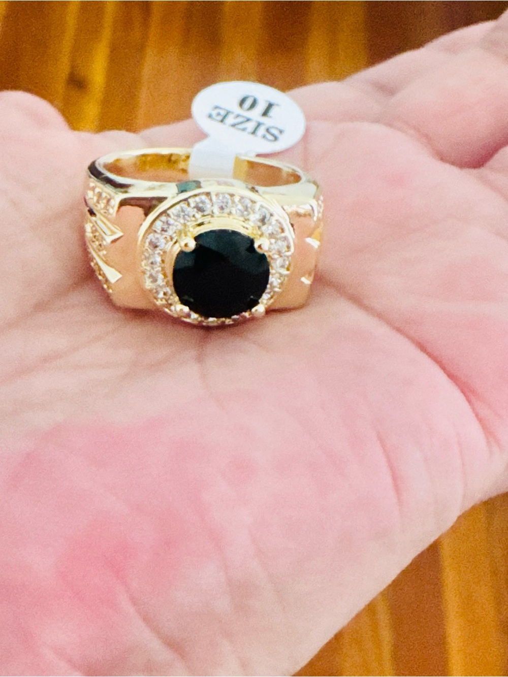 18K Gold Plated Ring with Black Center Stone - Size 10
